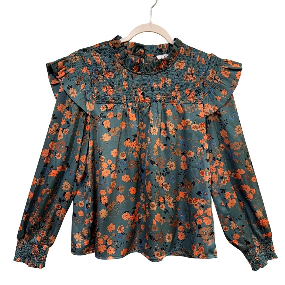 THML Floral Smocked‎ Blouse Medium Green Orange Cottagecore Boho Romantic